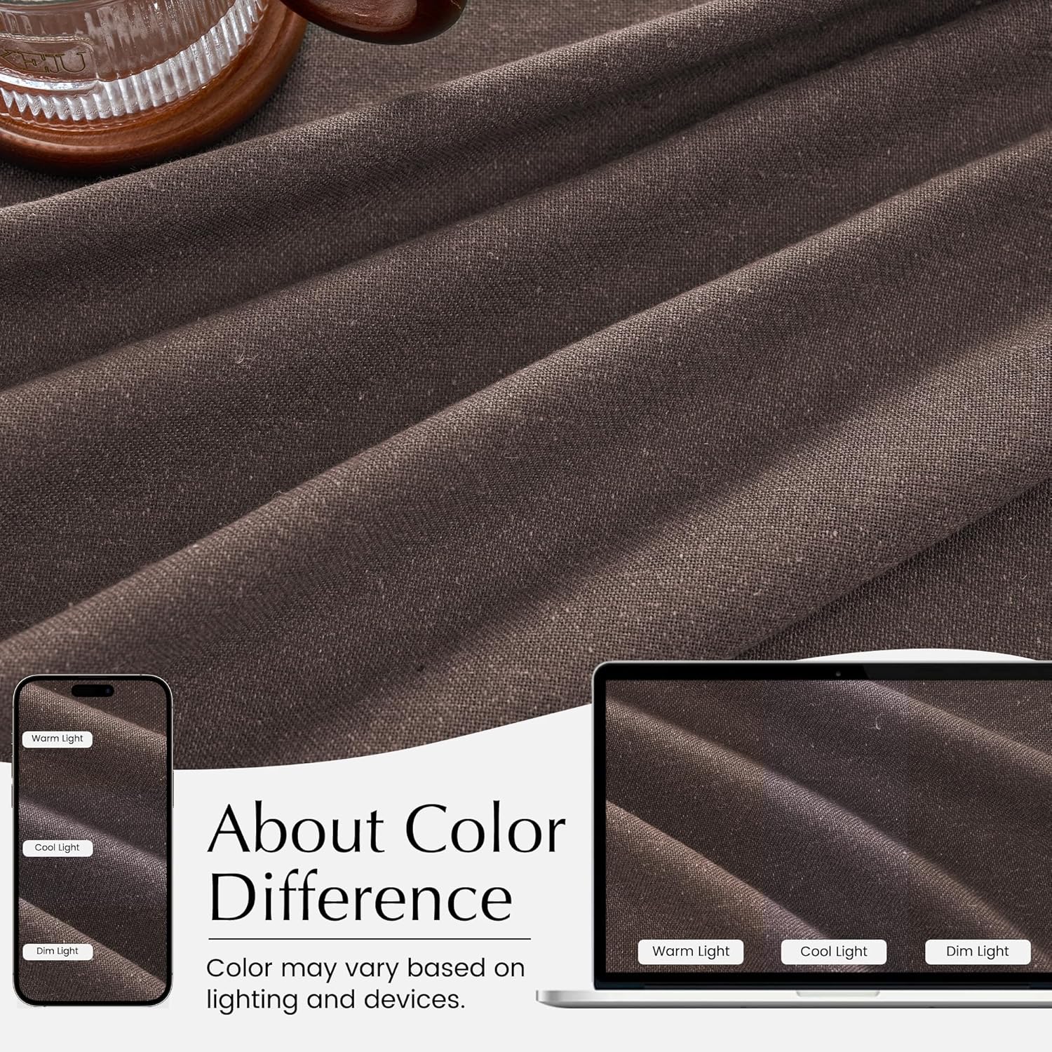 Close-up of dark brown linen-look fabric texture, demonstrating color differences under varied lighting.