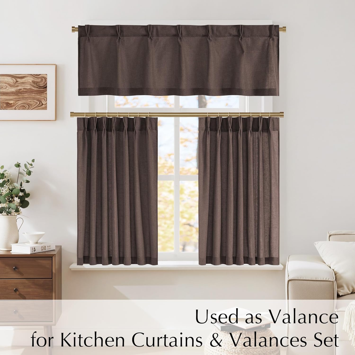Dark brown linen weave rod pocket valance and cafe curtains set on a window with gold rods.