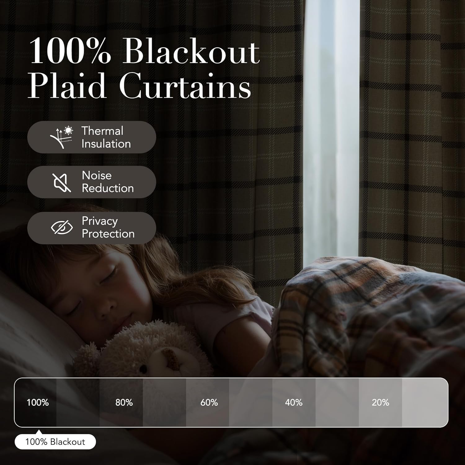 Dark brown plaid blackout curtains provide total darkness for a sleeping child, with thermal insulation shown.