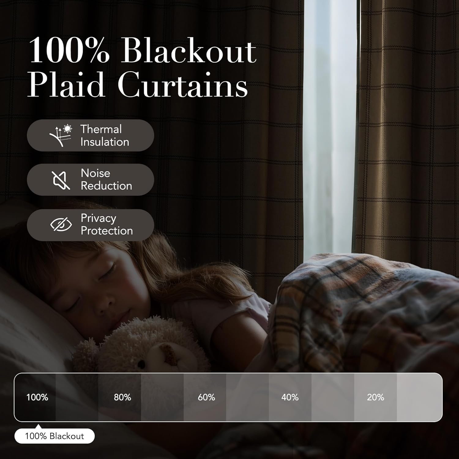 Dark brown plaid blackout curtains covering a window, creating a dark room for sleeping.