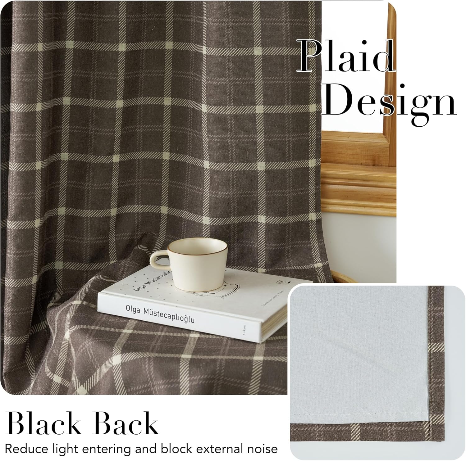 Dark brown plaid window curtain with beige grid pattern and visible light grey thermal lining
