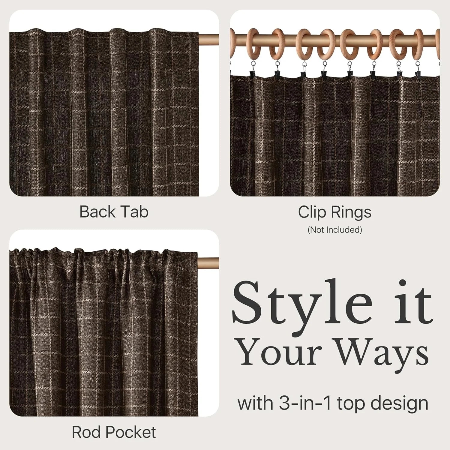Dark brown plaid curtain showcasing 3 versatile hanging options: back tab, clip rings, and rod pocket.