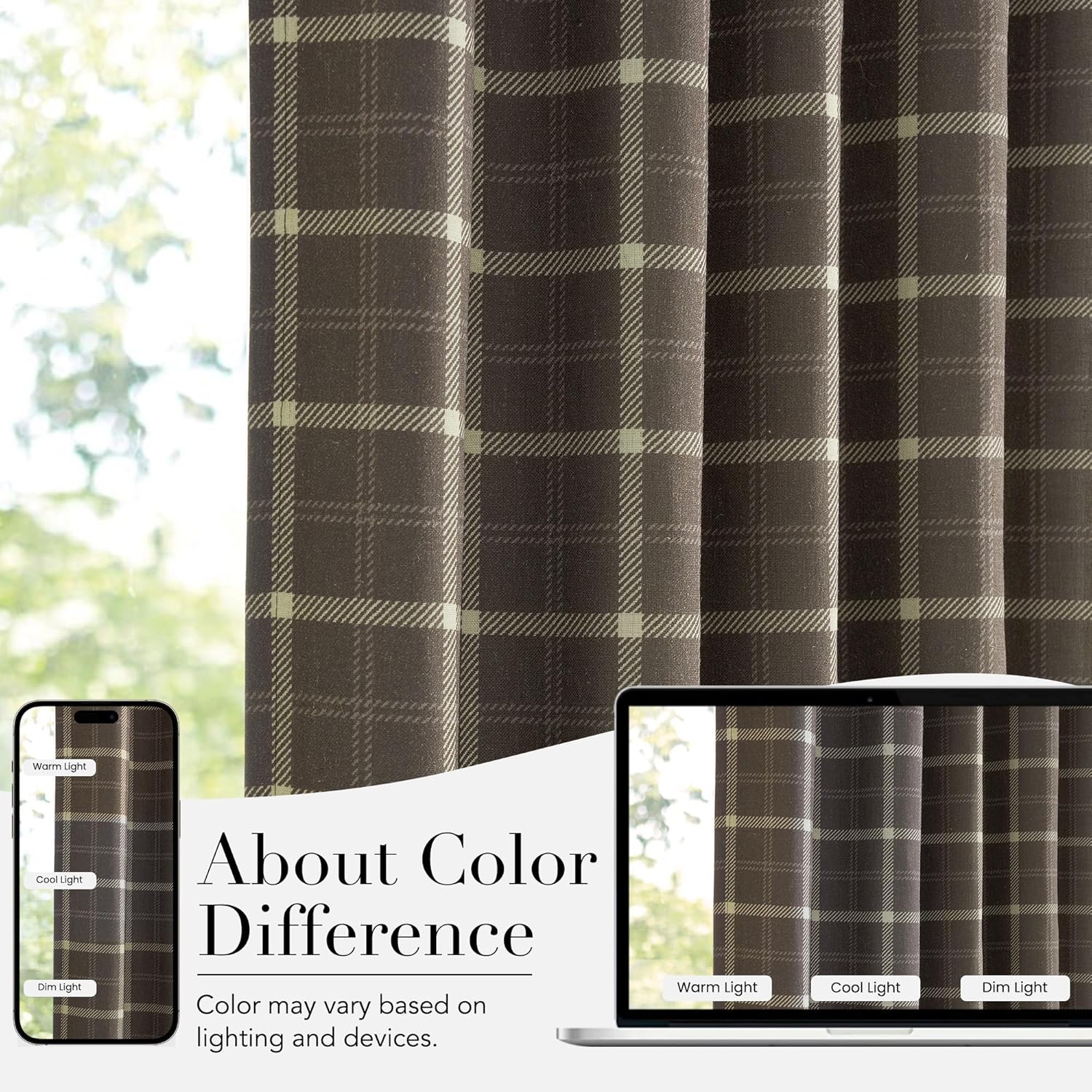 Dark brown curtain panel with light beige plaid pattern, featuring soft pleats and visible woven texture.