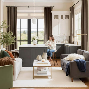 Dark brown pleated blackout curtains on black rod in a modern open-concept living room with kitchen island.
