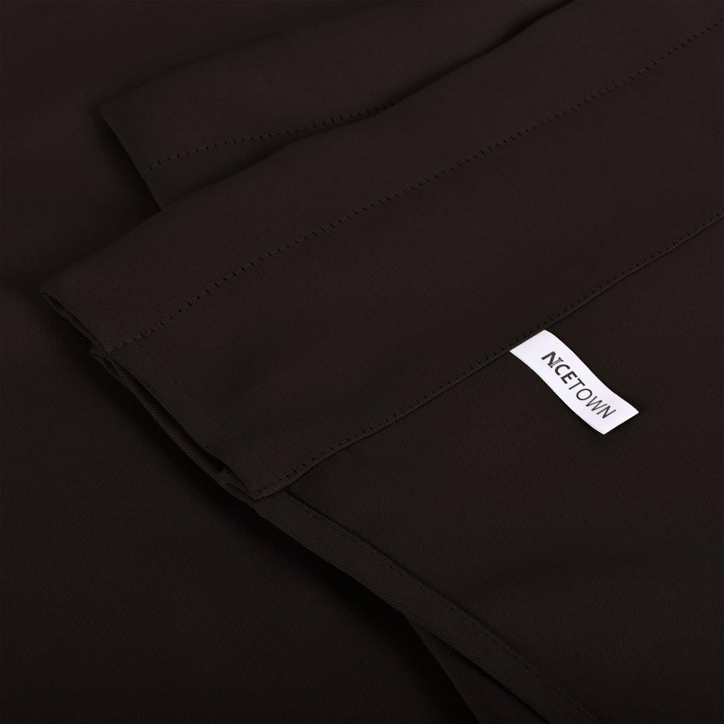 Dark brown curtain panel featuring a rod pocket top with fine stitching. A white NCETOWN brand label is visible.