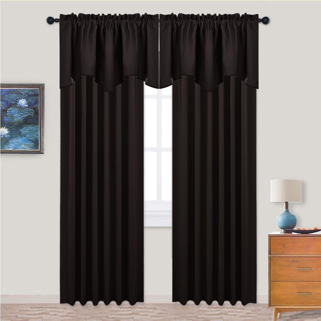 Dark brown rod pocket curtains with ruffled top and attached scalloped valance.