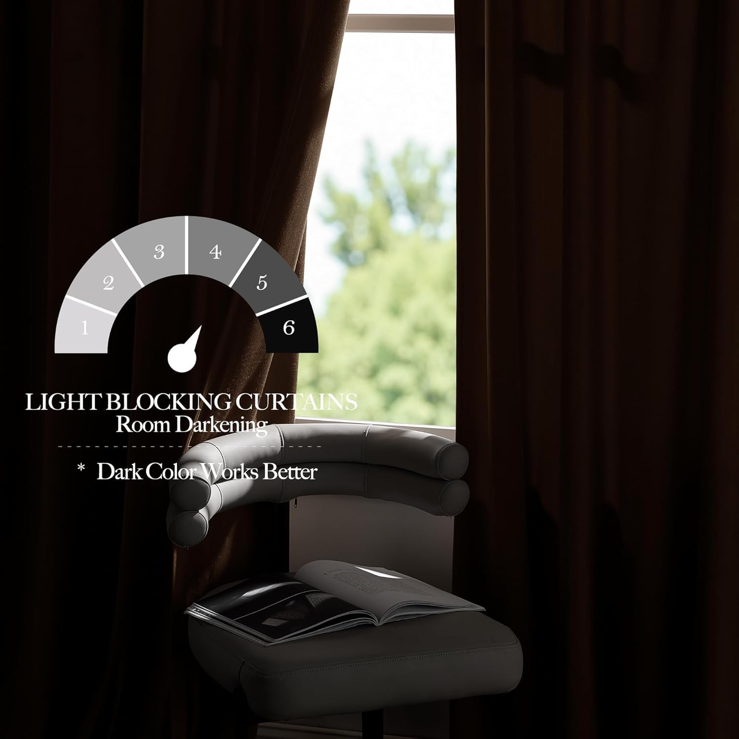 Rich dark brown room darkening curtains effectively blocking light from window, creating dim interior.