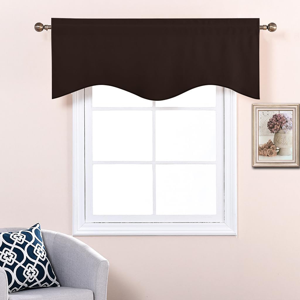Rich dark brown window valance with a decorative scalloped edge, hung on a metal rod over a white window.