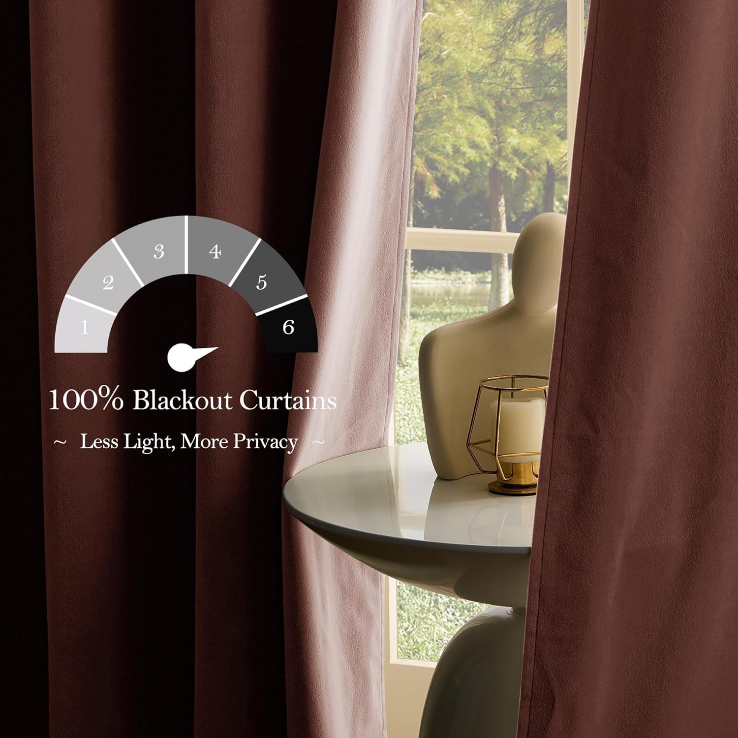 Dark brown textured blackout curtains demonstrating 100% light blocking at a window, with a visual light meter.
