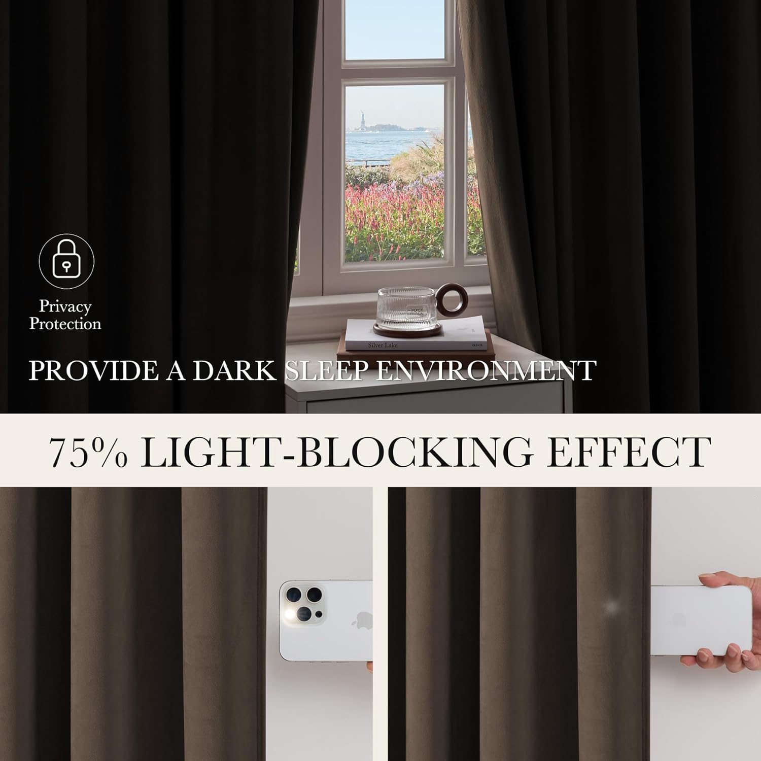 Dark brown blackout curtains demonstrating their light-blocking capability with a phone flashlight.