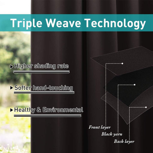 Dark brown blackout curtain highlighting triple weave technology layers for higher shading rate.