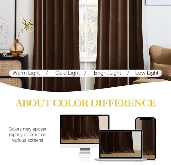 Dark brown velvet blackout curtains with a plush texture, hung on a window.
