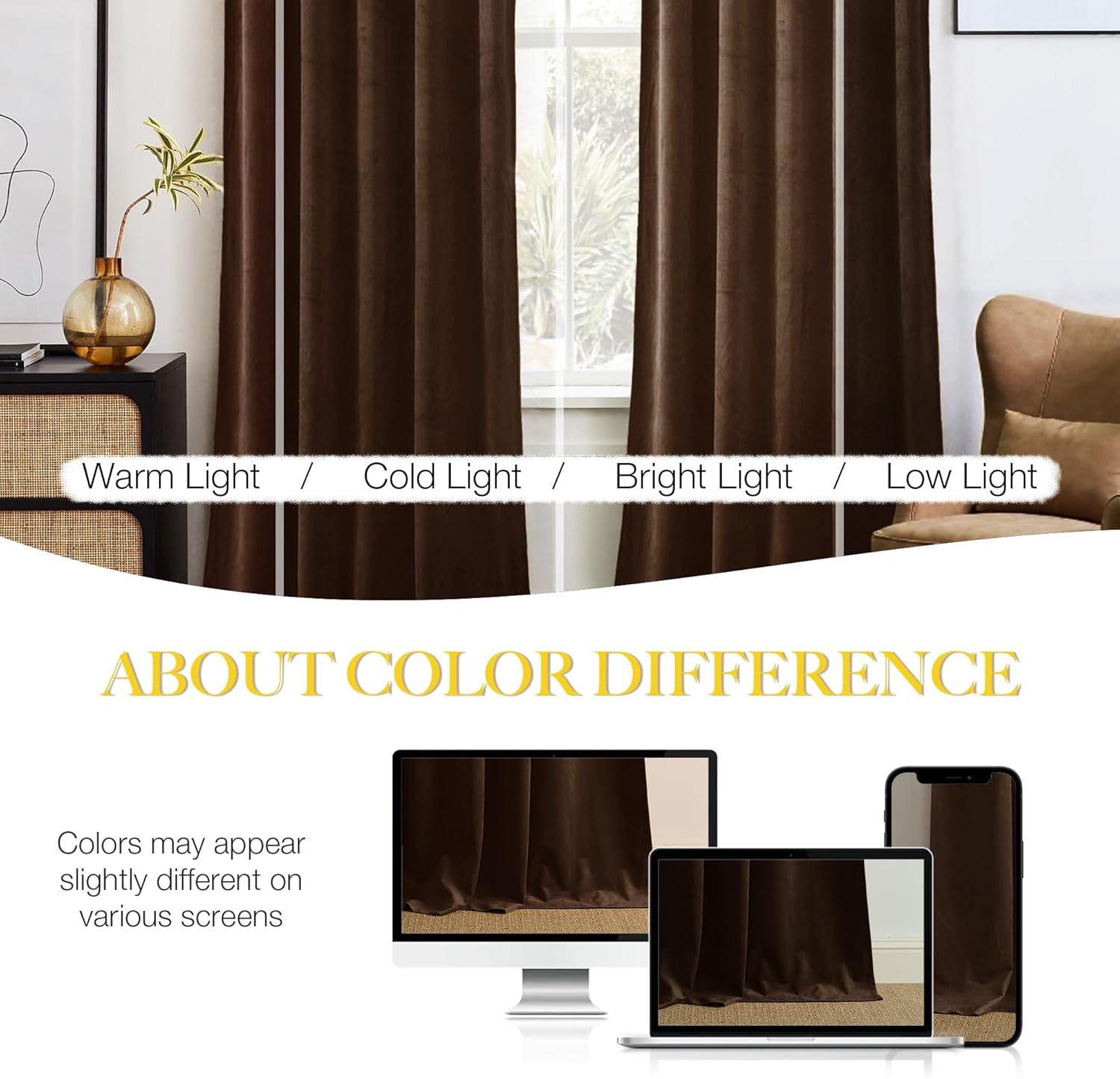 Dark brown velvet blackout curtains hanging in a room, shown under different light conditions.