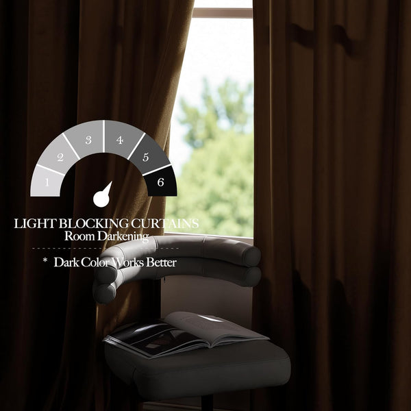 Dark brown velvet blackout curtains demonstrating level 6 light blocking by a window.