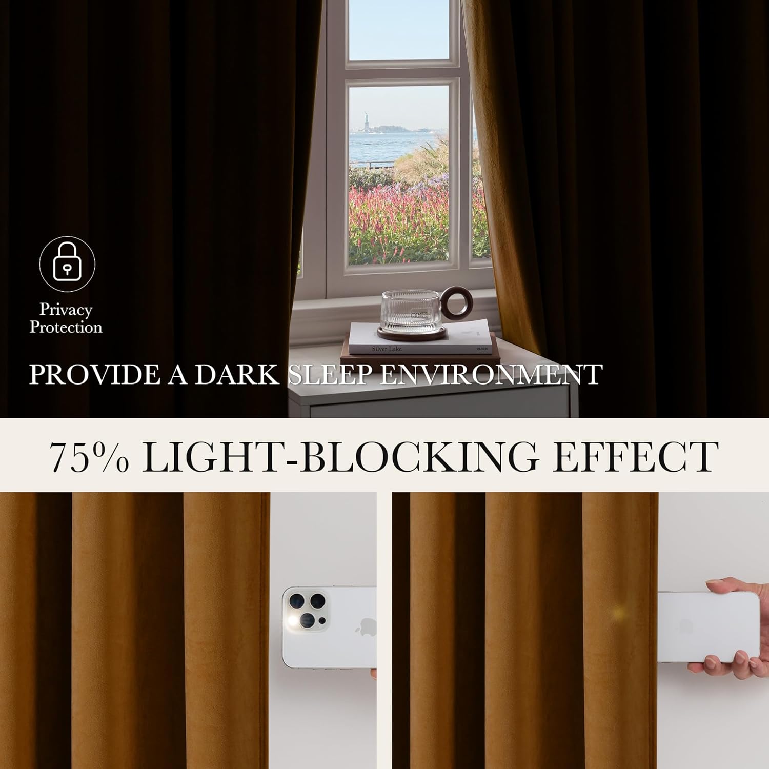 Dark brown velvet curtains draped, demonstrating 75% light-blocking. Flashlight test confirms privacy.