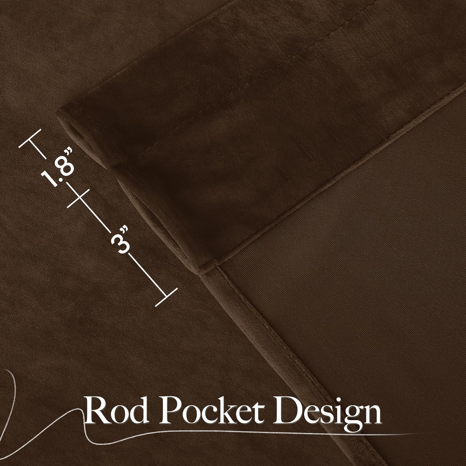 Dark brown velvet curtain with rod pocket design. Visible 1.8-inch header and 3-inch pocket for hanging.