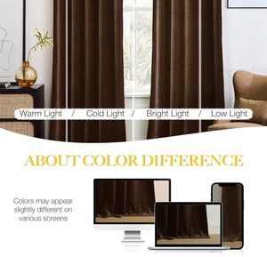Dark brown velvet-like window curtains hanging, showing their rich color and plush texture in a room setting.