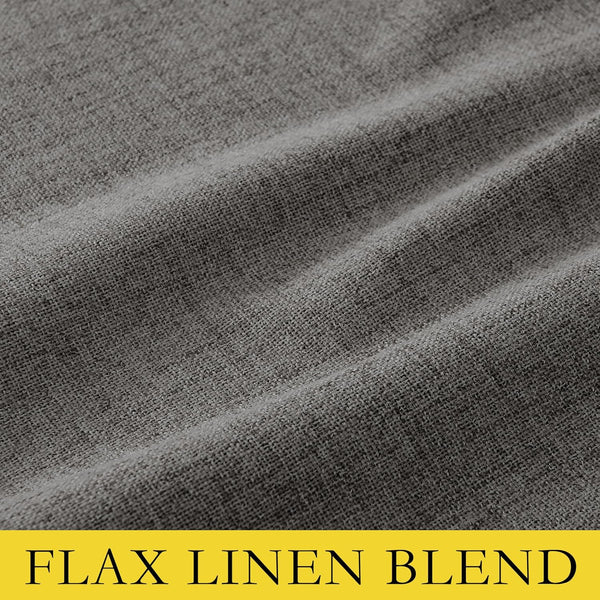 Close-up of dark charcoal grey flax linen blend fabric swatch, showcasing its textured weave and soft natural drape.