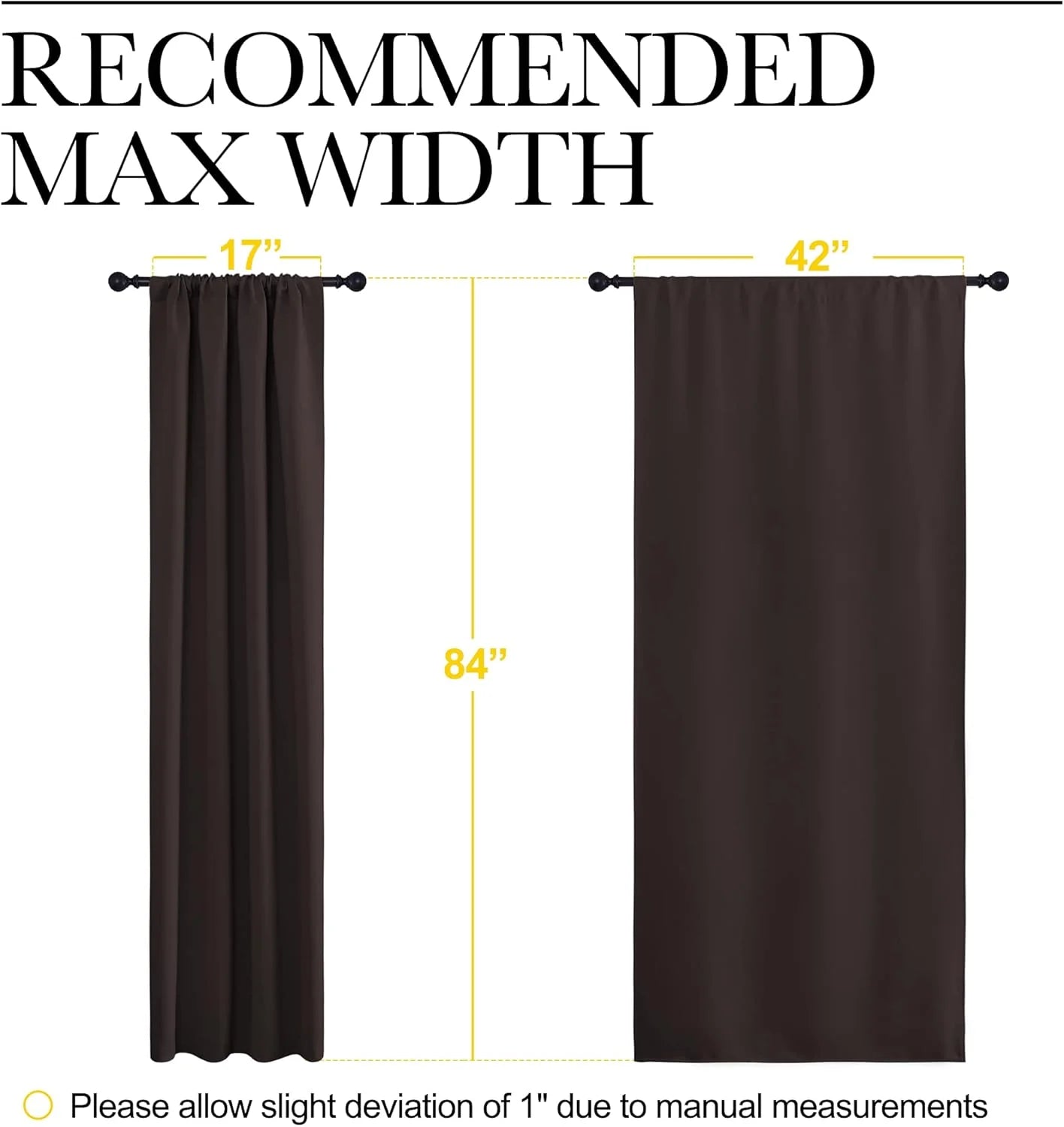 Dark brown curtain dimension diagram showing gathered 17" and flat 42" widths, both 84" long.