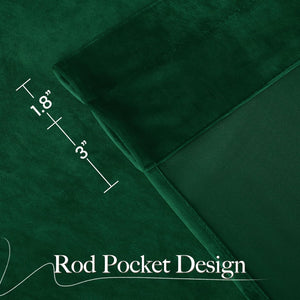 Close-up of dark emerald green velvet curtains featuring a rod pocket design, showing header and pocket dimensions.