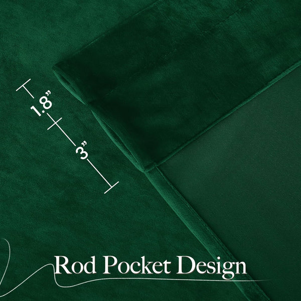 Close-up of dark emerald green velvet curtains featuring a rod pocket design, showing header and pocket dimensions.