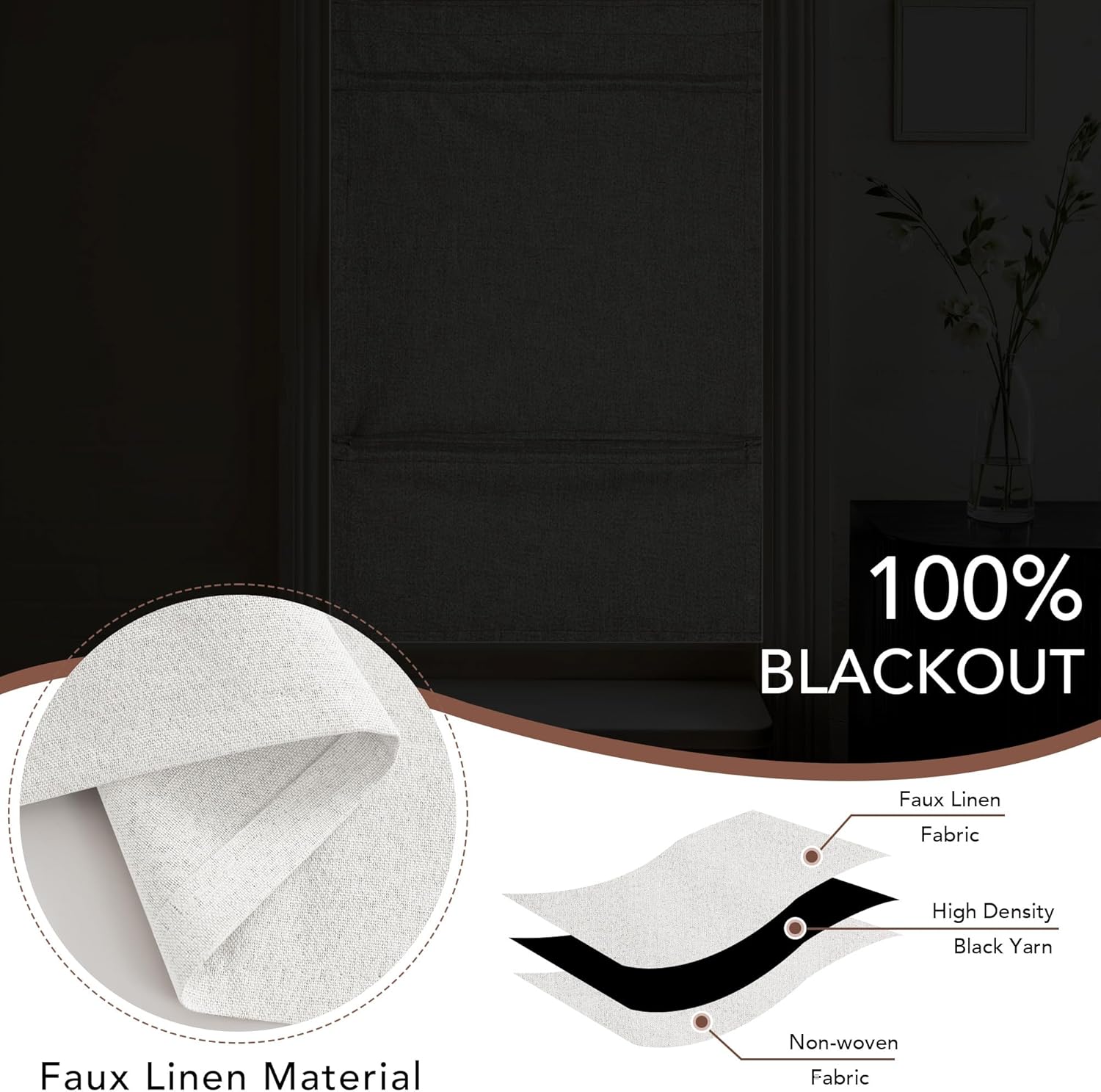 Dark faux linen 100% blackout roman shade installed on a window, showing layered fabric construction.