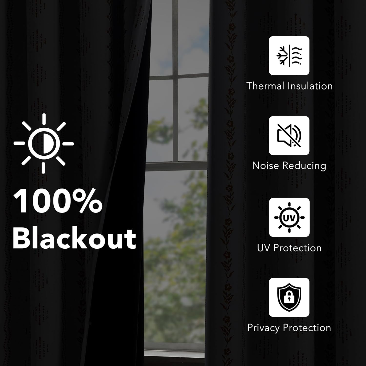 Dark grey blackout curtains with subtle pattern and floral border, providing thermal insulation.