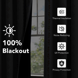 Dark grey blackout curtains with subtle pattern and floral border, providing thermal insulation.
