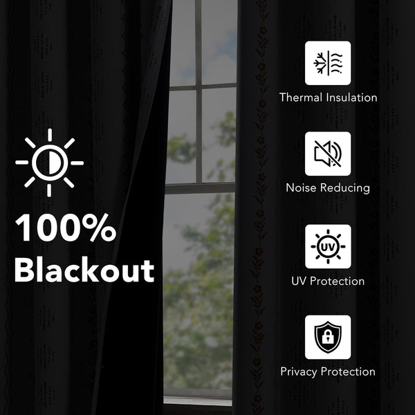 Dark grey blackout curtains with subtle pattern and floral border, providing thermal insulation.
