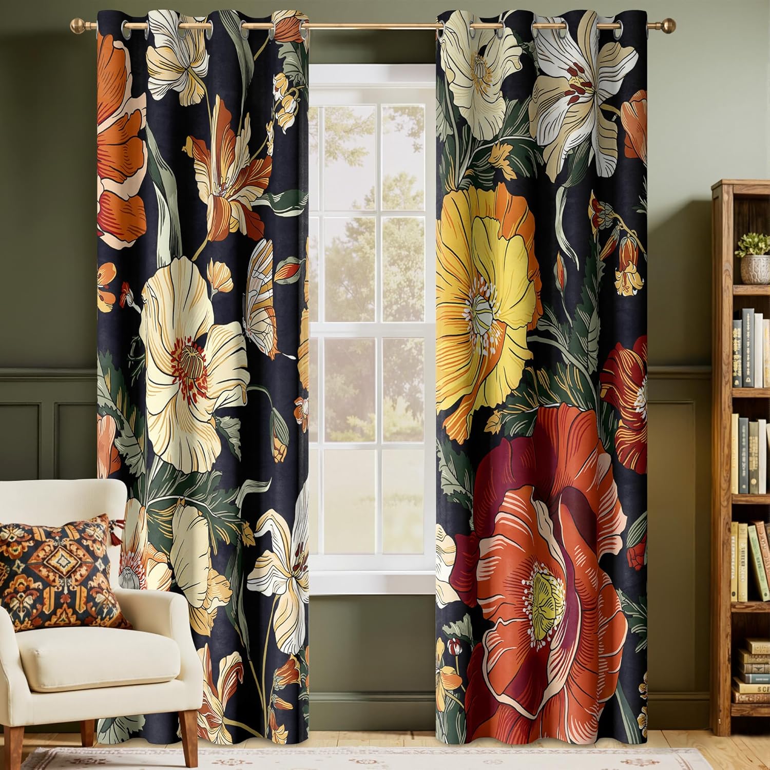 Dark blue curtains with vibrant orange, yellow, and cream floral pattern, featuring grommet tops.