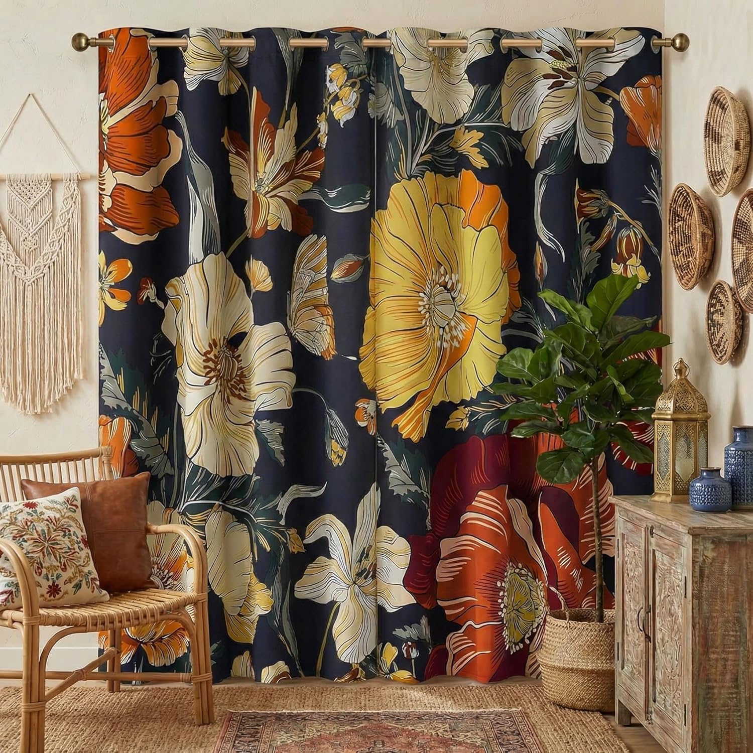 Navy curtain with vibrant yellow and orange tropical floral print and a grommet top.