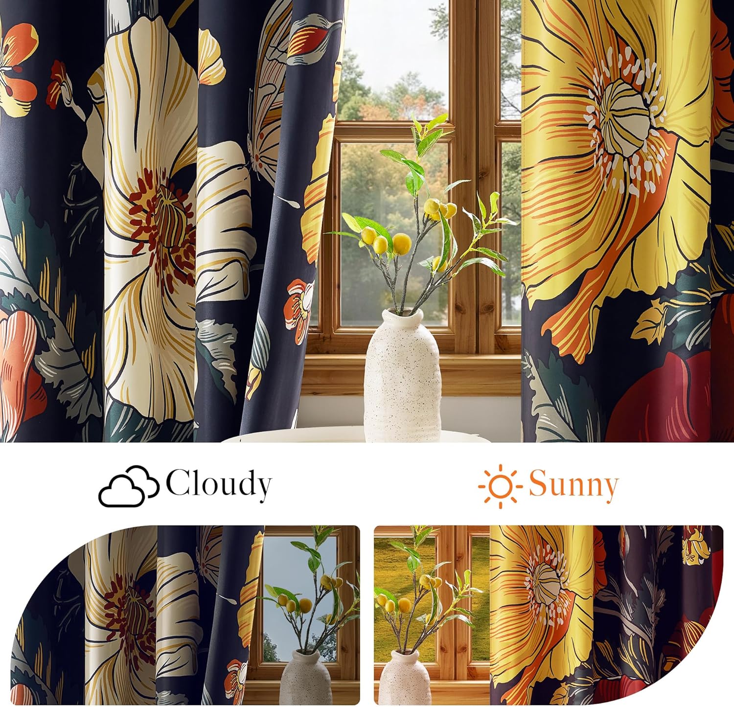 Vibrant dark floral room darkening curtains with large yellow and orange flowers, leaves, and butterflies.