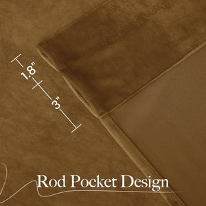 Dark gold velvet curtain detail, showing rod pocket design and plush texture. Measurements: 1.8, 3 inches.