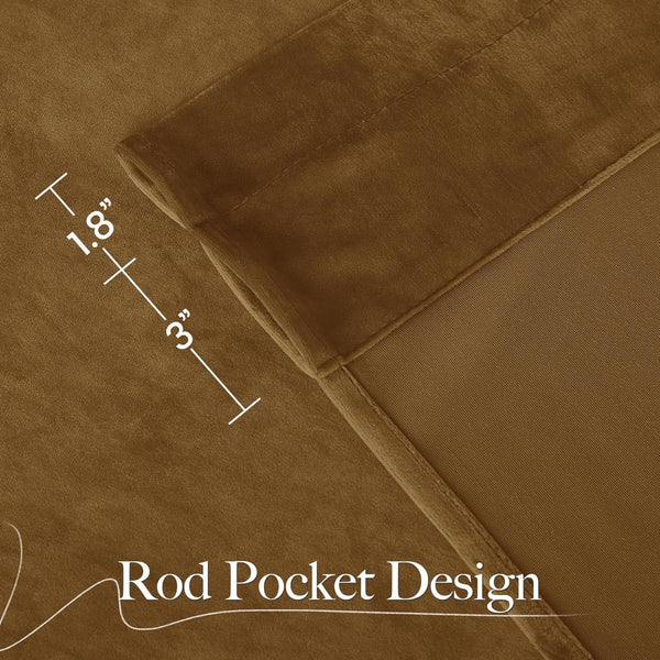 Dark gold velvet curtain detail, showing rod pocket design and plush texture. Measurements: 1.8, 3 inches.