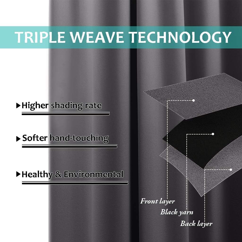 Close-up of dark gray curtain fabric showcasing triple weave technology layers for blackout effect and shading.