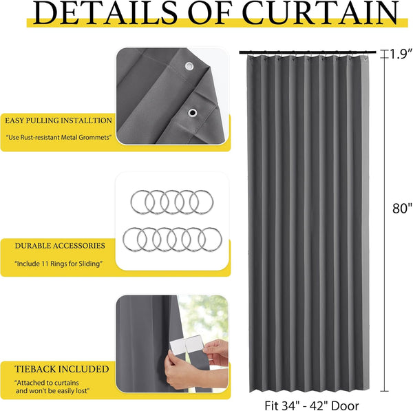 Dark gray pleated door curtain with metal grommets, sliding rings, and included tieback.