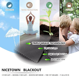 Dark gray triple weave blackout fabric layers provide shading, noise reduction, energy saving, privacy.