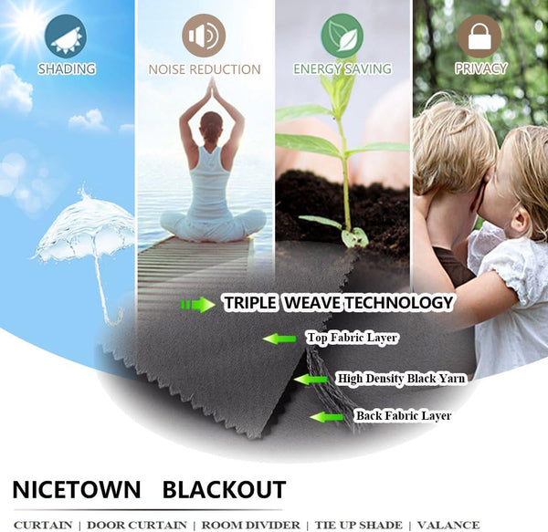 Dark gray triple weave blackout fabric layers provide shading, noise reduction, energy saving, privacy.