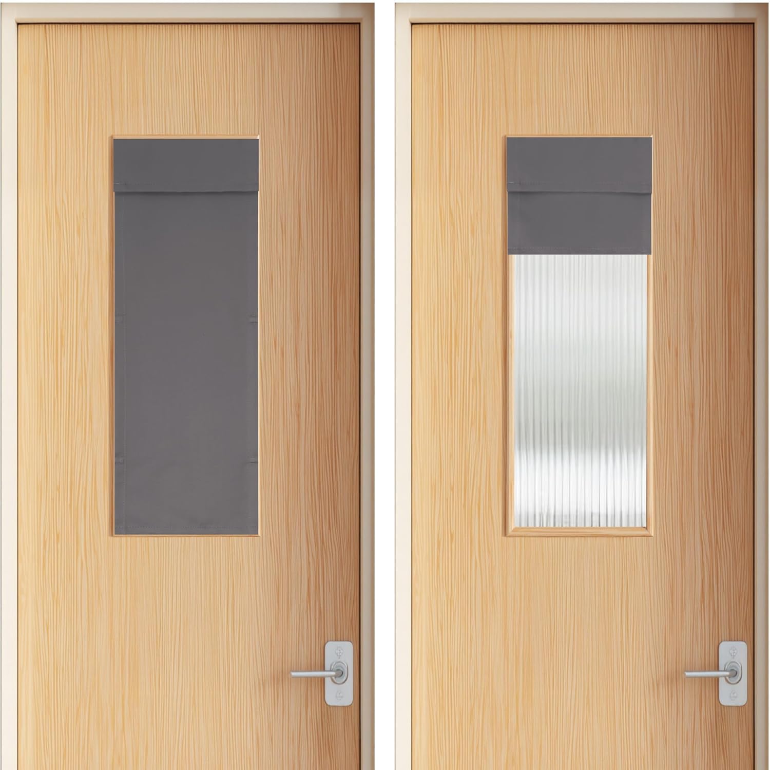 Dark gray privacy shade for door window, shown closed and open over fluted glass.