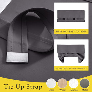 Dark gray fabric tie-up window shade with adjustable strap, shown rolled and bowknot.