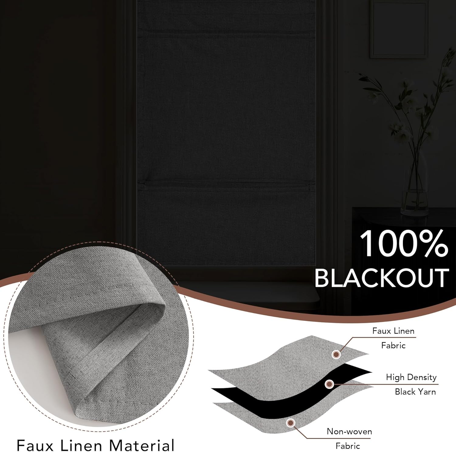 Dark gray faux linen blackout window blind, 100% light blocking with layered fabric construction.