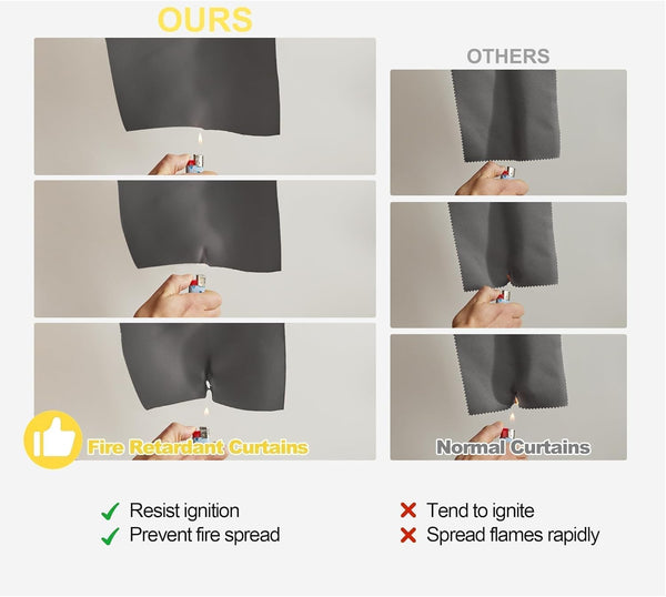 Dark gray fire-retardant curtain fabric resisting flame, compared to normal fabric igniting and burning.