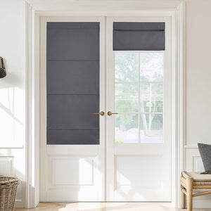 Dark gray fabric Roman shades on white French doors; one extended, one partially folded.