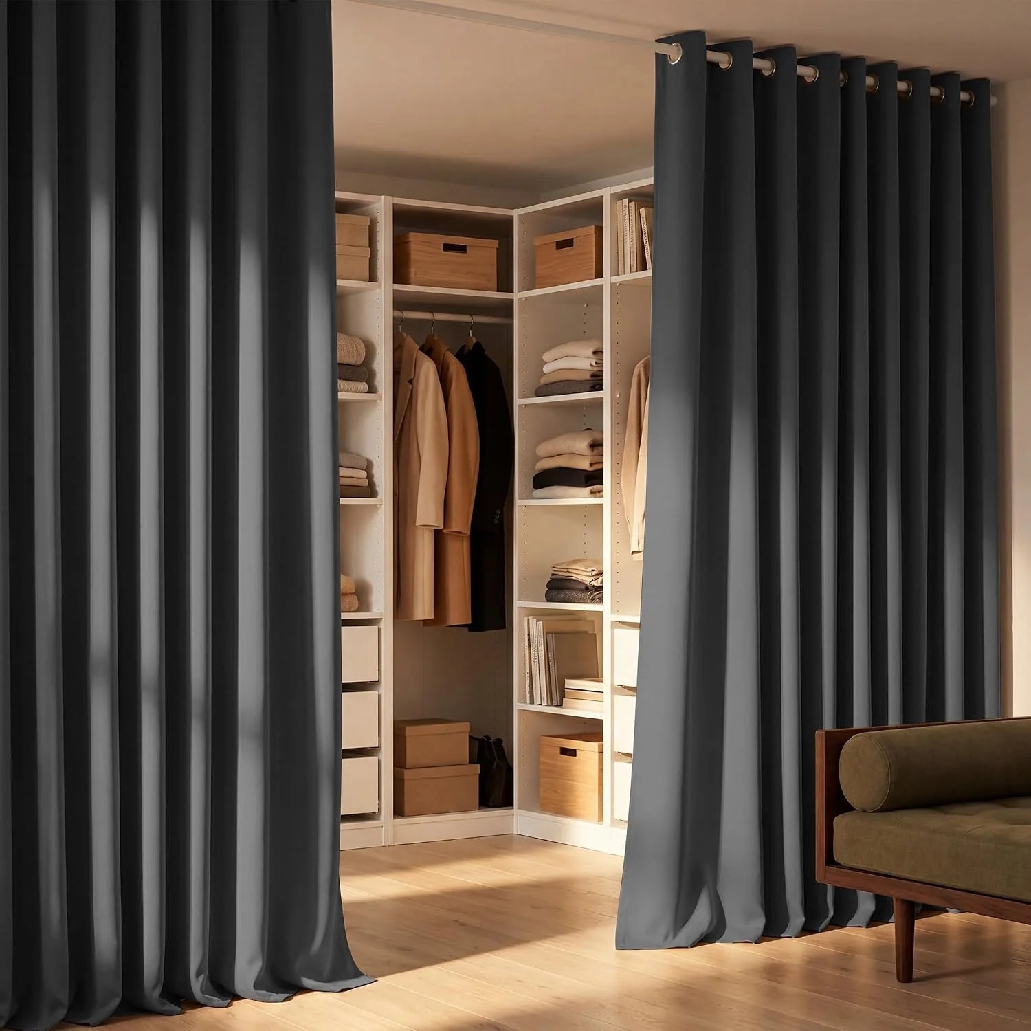 Dark gray grommet top curtains dividing a modern walk-in closet from a living space