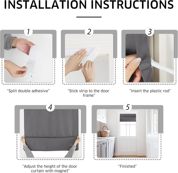 Dark gray magnetic door curtain shown with step-by-step adhesive installation guide.