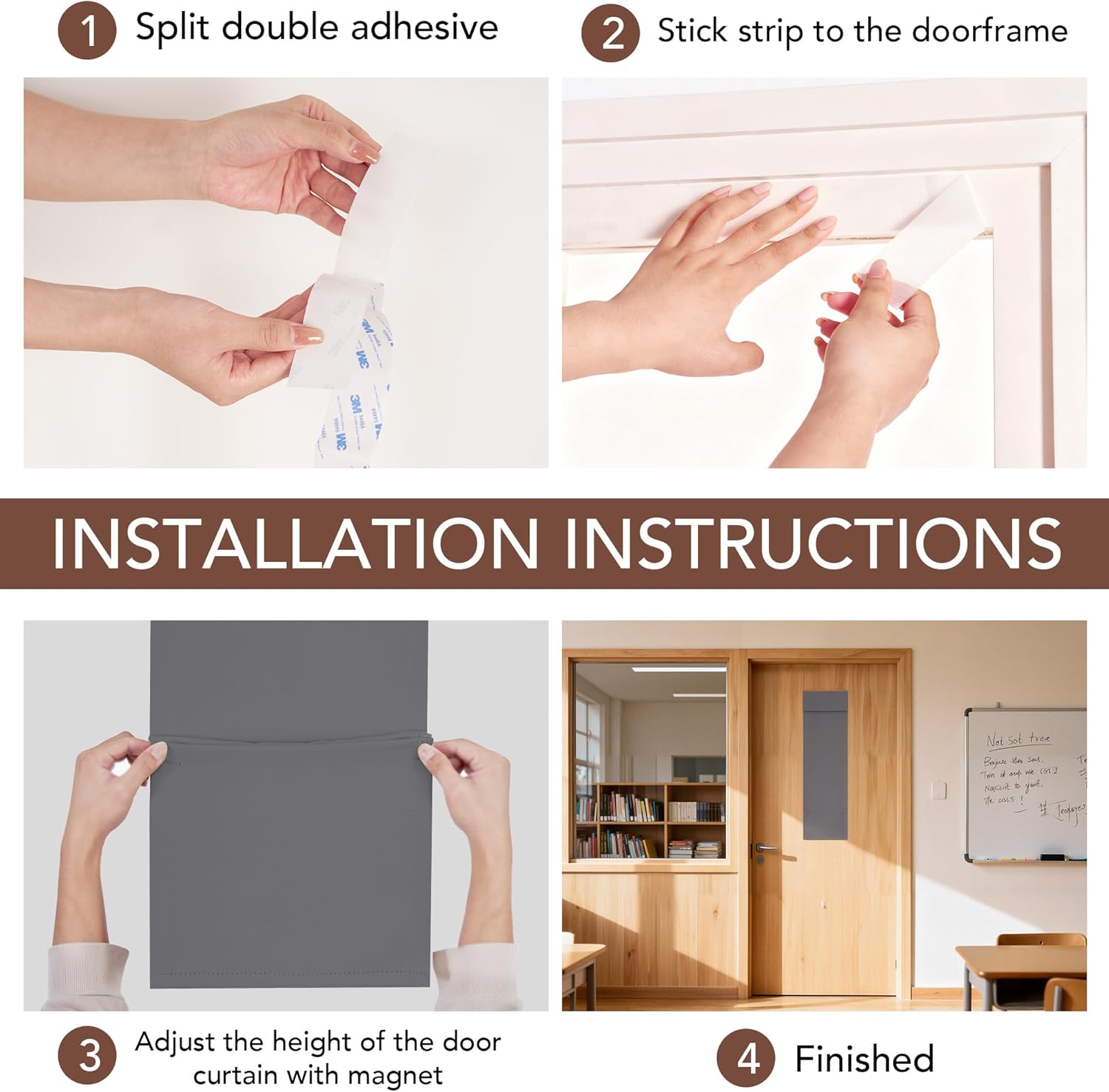 Installation of dark gray magnetic door window curtain, showing adhesive and height adjustment.