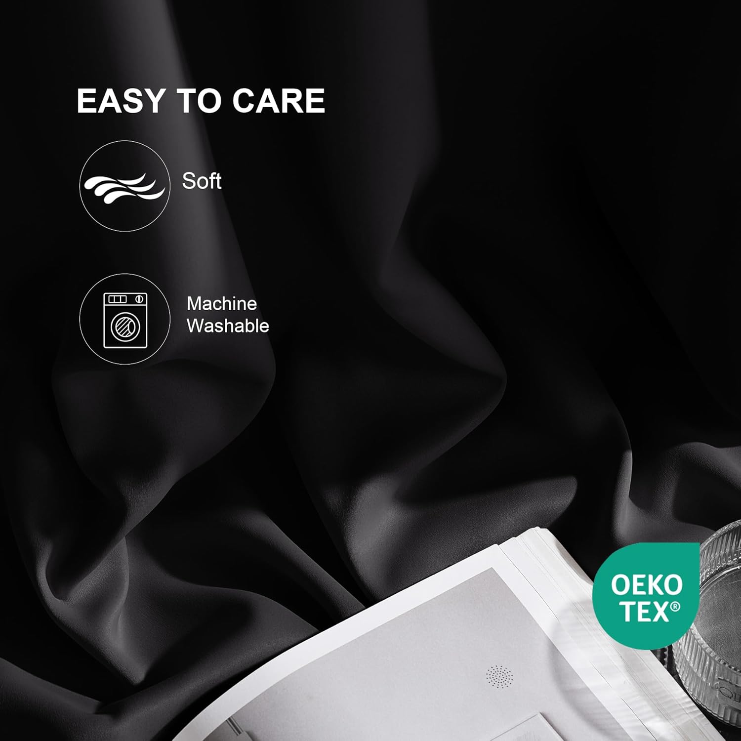 Draped dark gray fabric with 'Soft' and 'Machine Washable' features, showing OEKO-TEX label.
