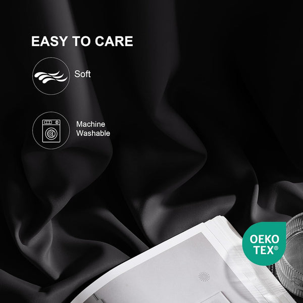 Draped dark gray fabric with 'Soft' and 'Machine Washable' features, showing OEKO-TEX label.