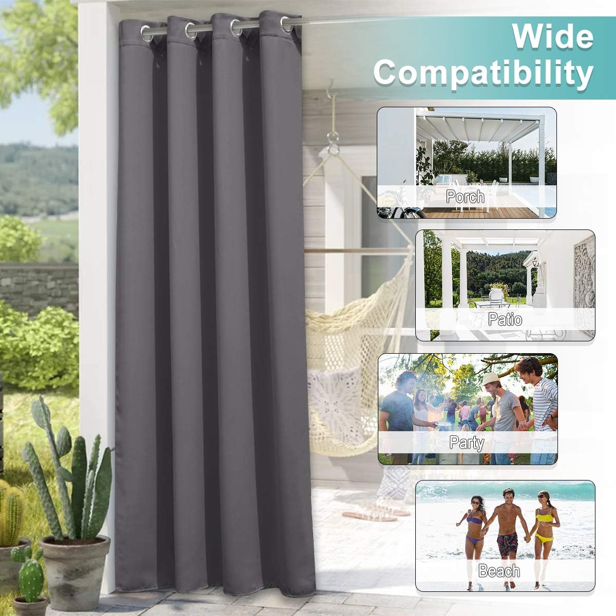 Dark gray outdoor patio curtain with silver grommet top, providing privacy and shade.