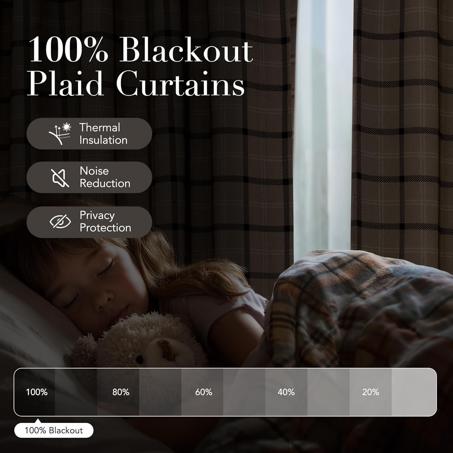 Dark gray plaid blackout curtains effectively darken a room where a child is sleeping peacefully.